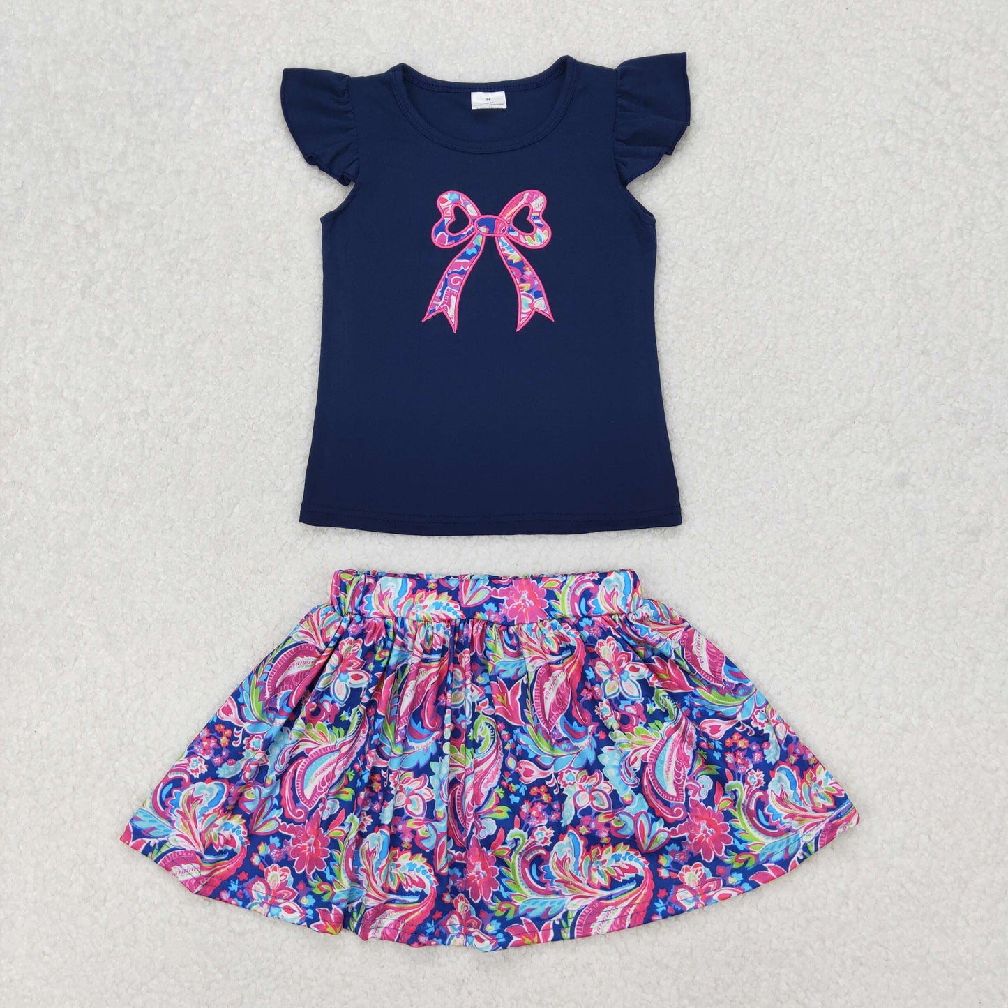 Baby Girls Navy Flutter Sleeves Embroidery Bow Top Watercolor Floral Skirt With Shorts Set