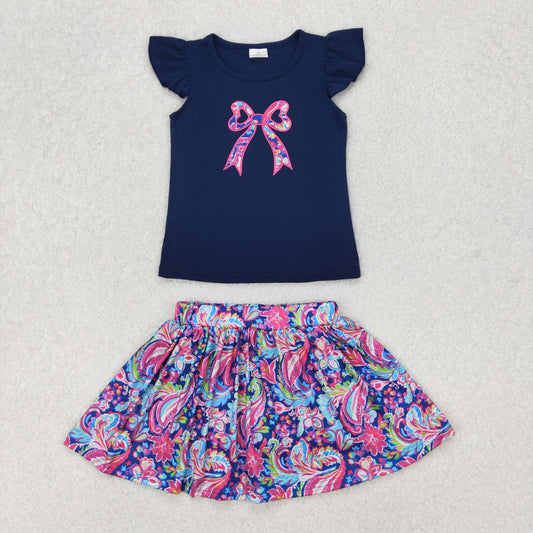 Baby Girls Navy Flutter Sleeves Embroidery Bow Top Watercolor Floral Skirt With Shorts Set