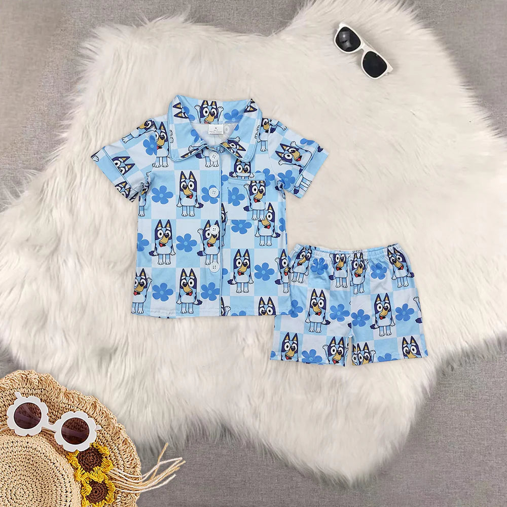 Mommy and Me Cartoon Blue Dog Flowers Shorts Pajama Set