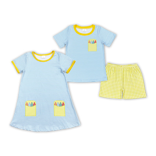 Kids Back to School Crayon Sibling Shorts Sets and Dress