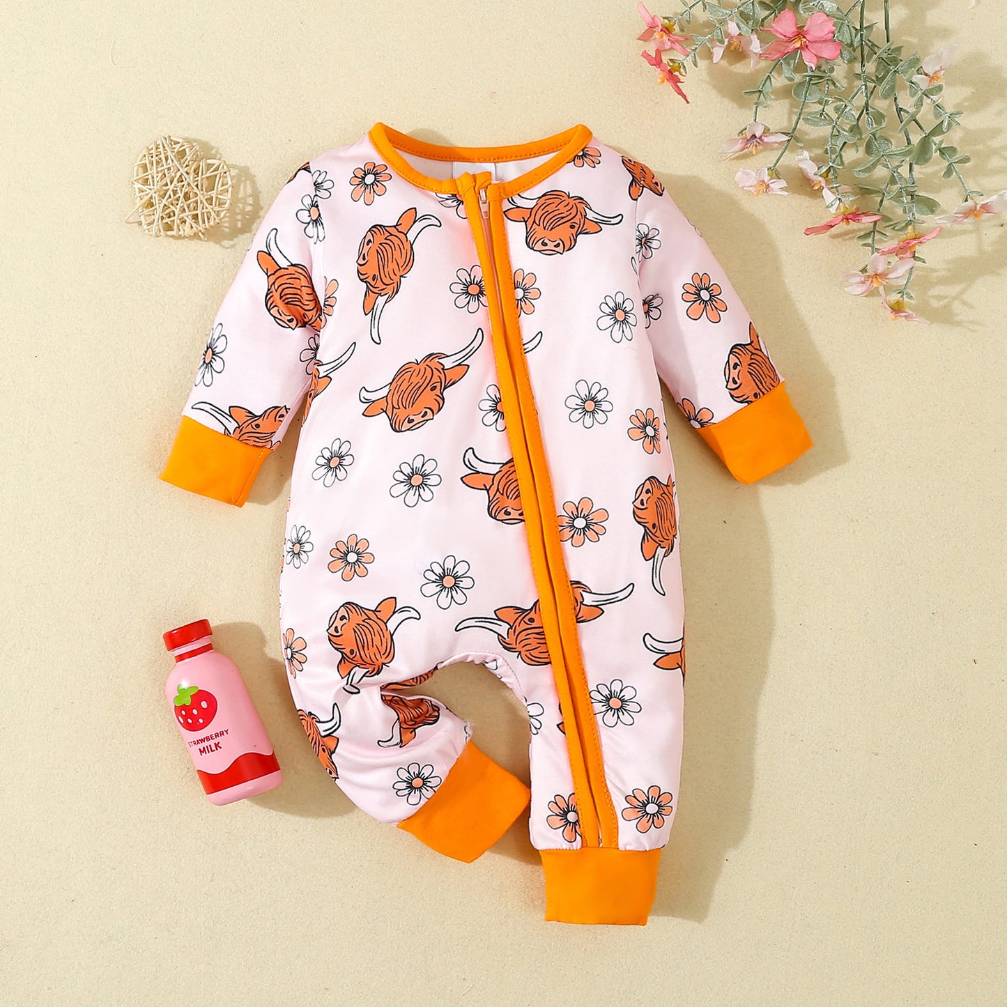 3 MOQ  Baby Girls Highland Cow Zip Romper Pre-order