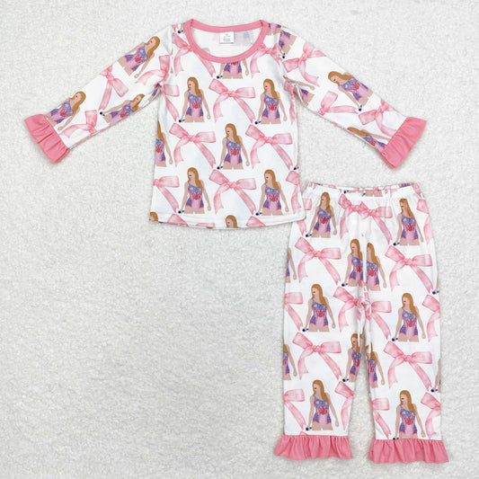 GLP1606 Baby Girls Singer Bow Pink Long Sleeve bamboo Pajama Set