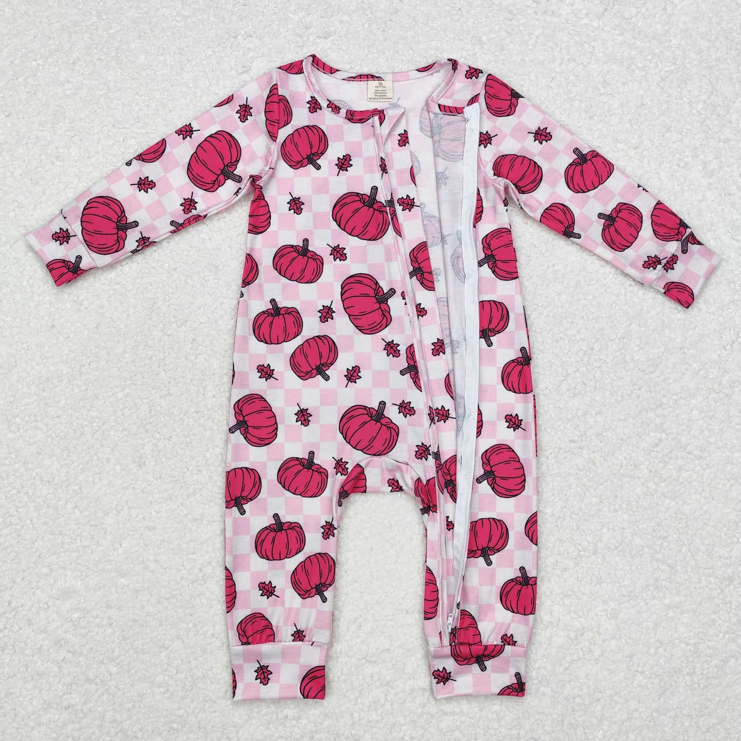 LR1456 Baby Girls Pink Pumpkin Checker Zipper Bamboo Romper