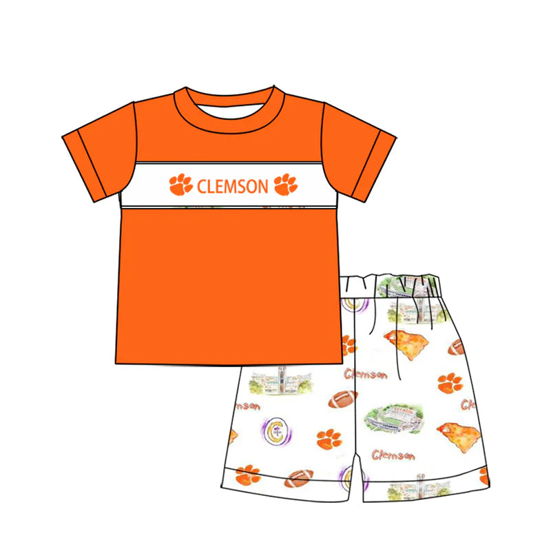 Preorder , 5 MOQ Baby Boys Clemson Team Tee Top Shorts Clothes Sets