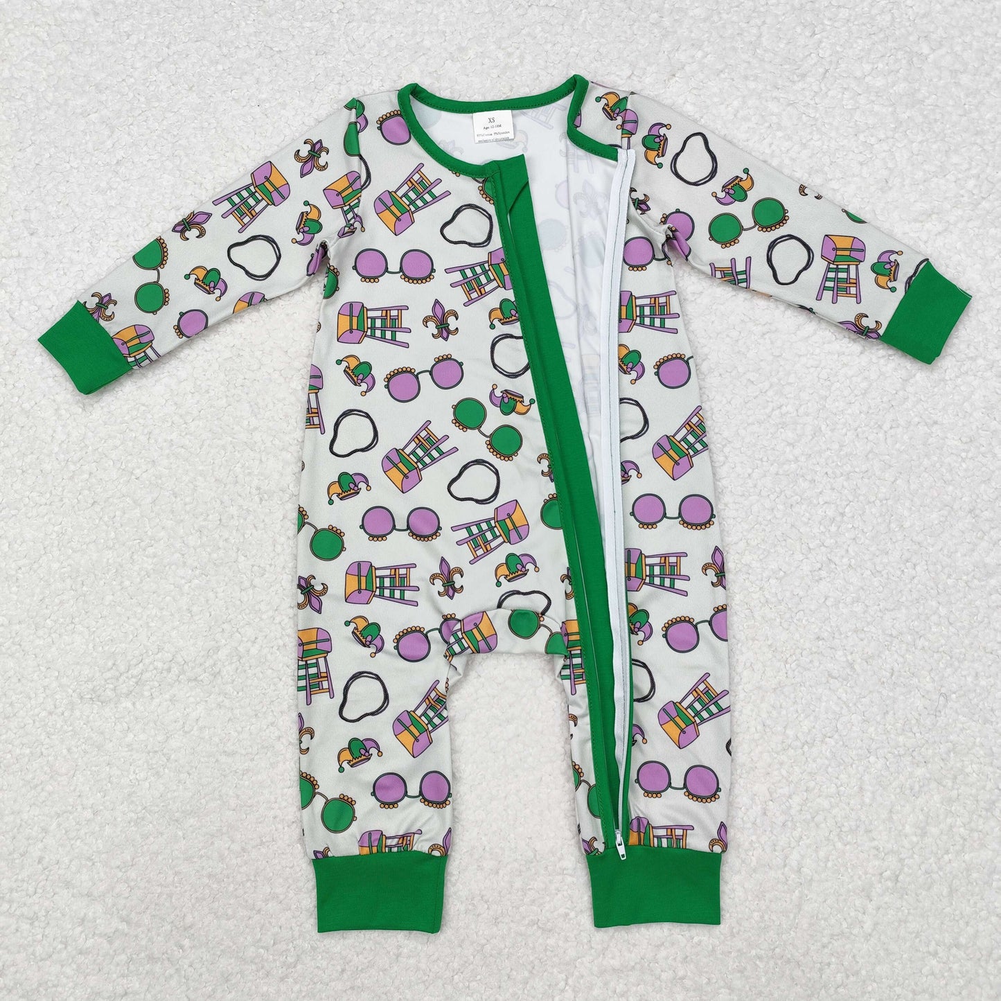 LR2039 Newborn Baby Boys Mard Gras Zip Romper