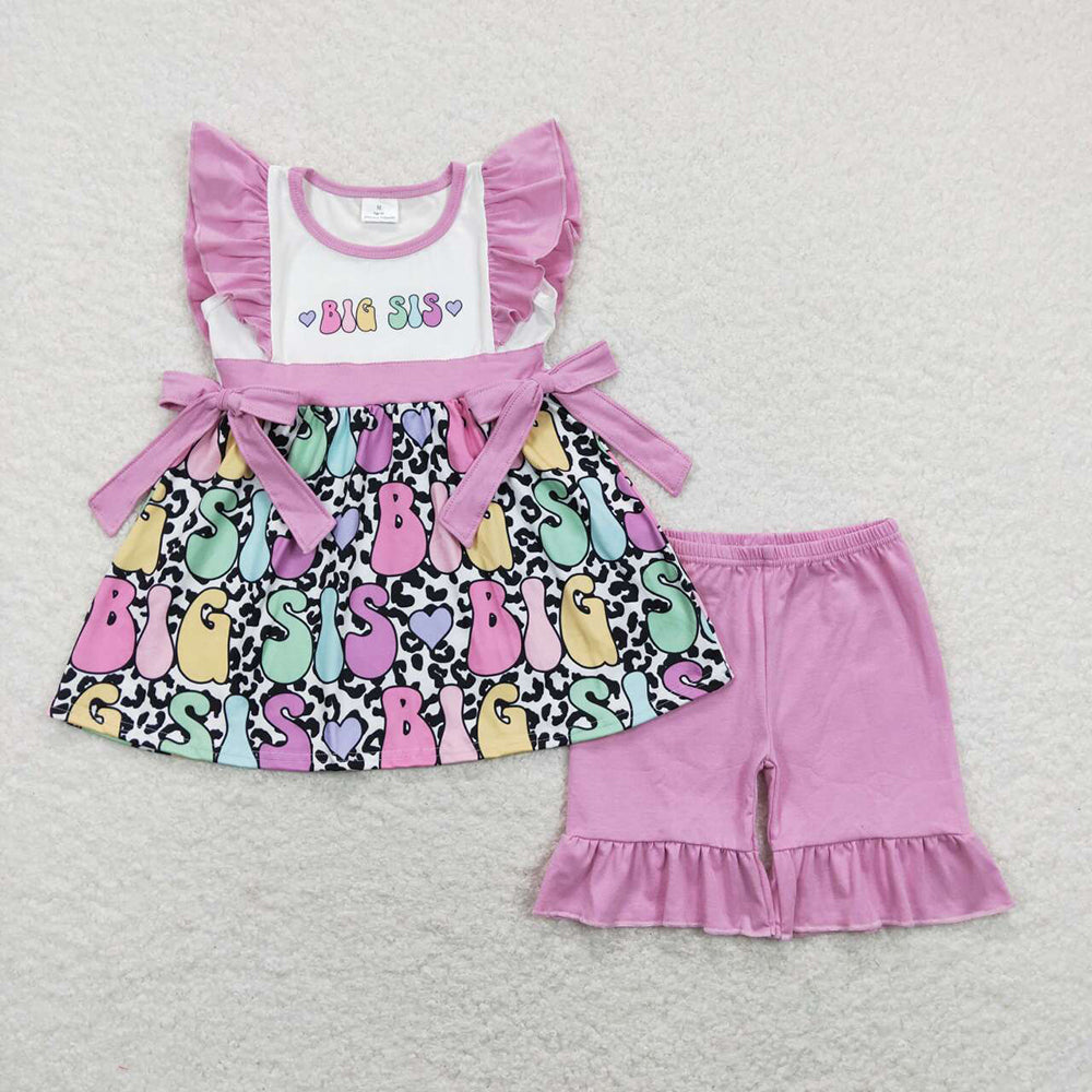 Sibling Baby Girls Lavender Flutter Sleeves BIG Bows Leopard Tunic Ruffle Short Set And LIL SIS Romper