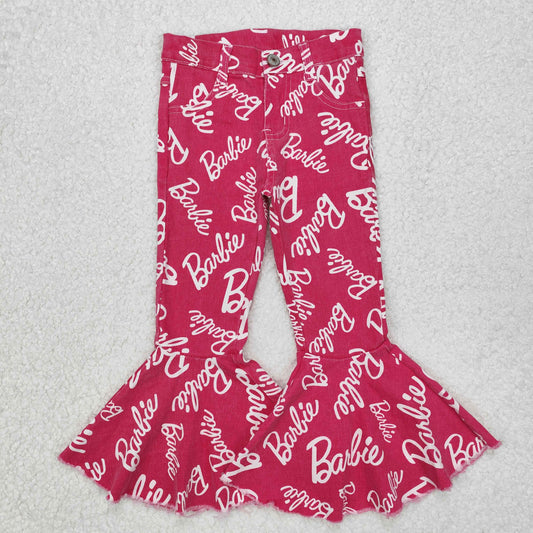 Baby Girls Rose Red Letter Print Bell Bottom Pockets Denim Pant