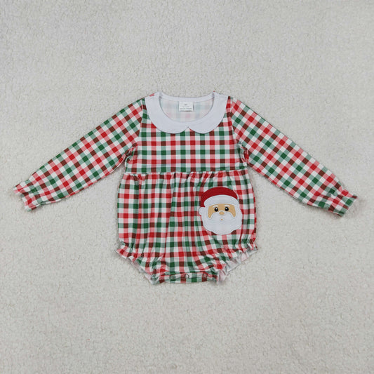 Kids Girls Christmas Santa Applique Red Green Gingham Long Sleeve Bubble Romper