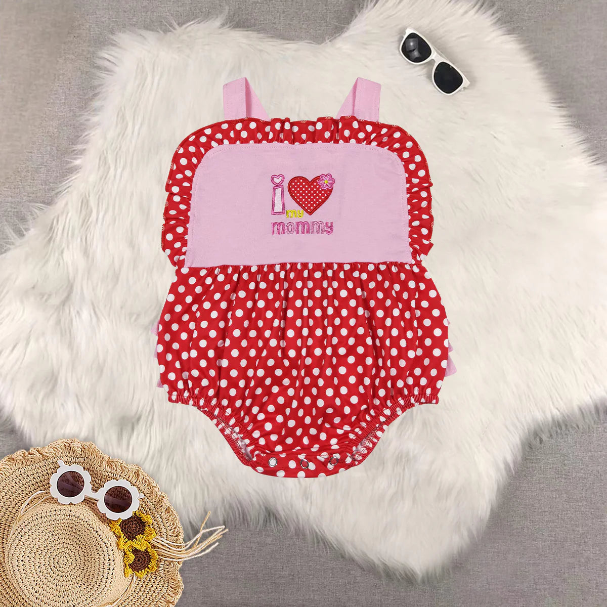 Embroidery I Love Mom Baby Girls Bubble Romper
