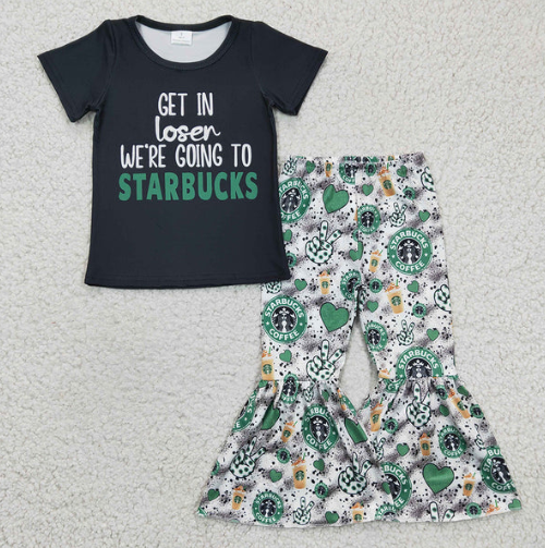 Baby Girls Black Short Sleeves Coffee Top Green Bell Bottom Pant Set