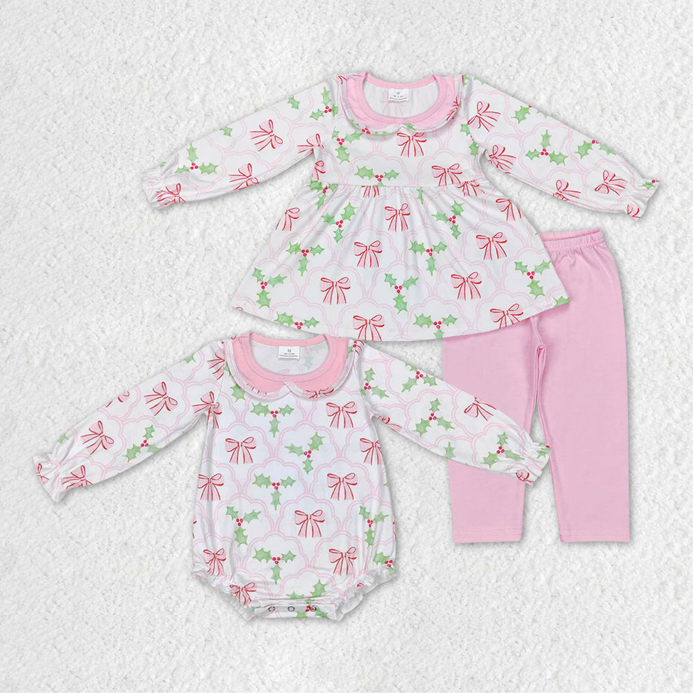 Baby Girls Sibling Christmas Holly Pink Bow Clothing