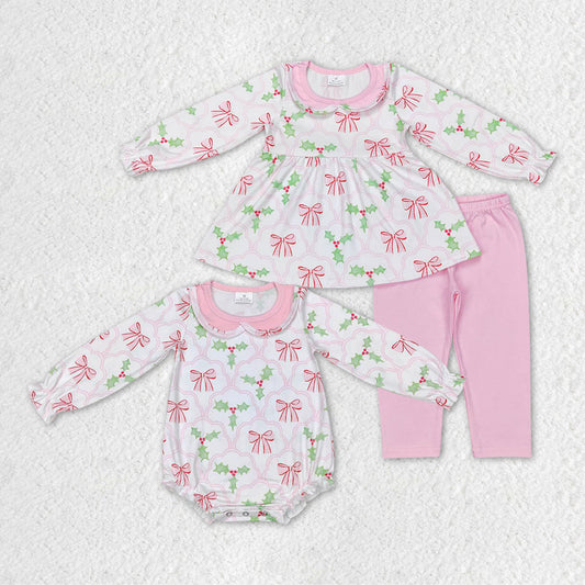 Baby Girls Sibling Christmas Holly Pink Bow Clothing