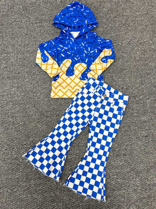 Ice Cream Drip royalblue Hoodie Top With Checked Bell Bottom Jeans Set
