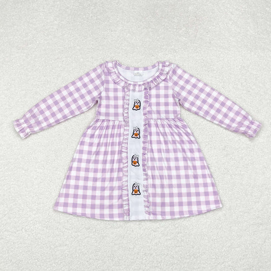 Baby Girls Halloween Ghost Pumpkin Purple Gingham Long Sleeve Dress