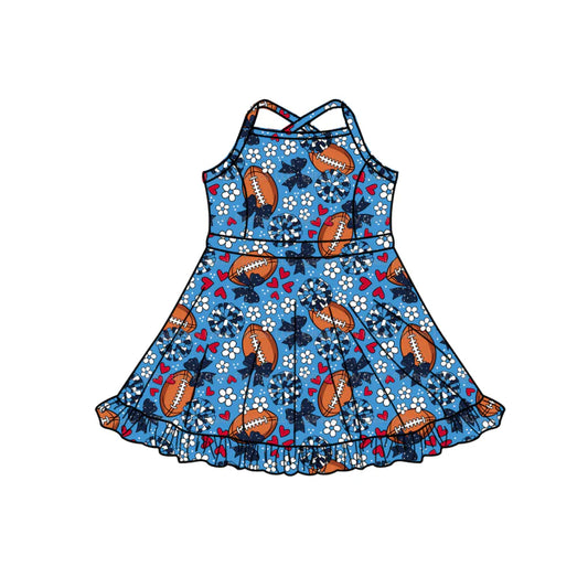 Preorder , 5 MOQ , Baby Girls Football Team BLue Bow Strap Dress