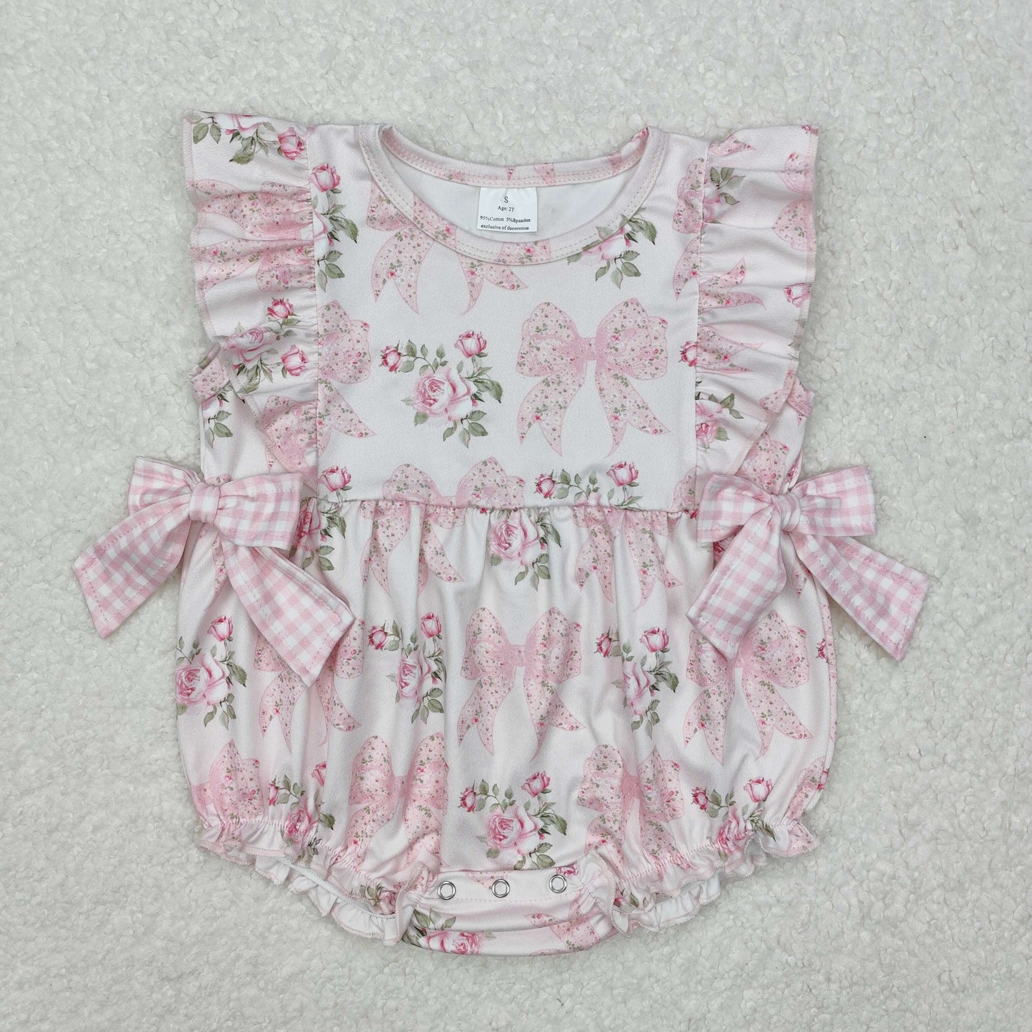 Baby Girls Romper Pink Flutter Sleeves Floral Bows Print