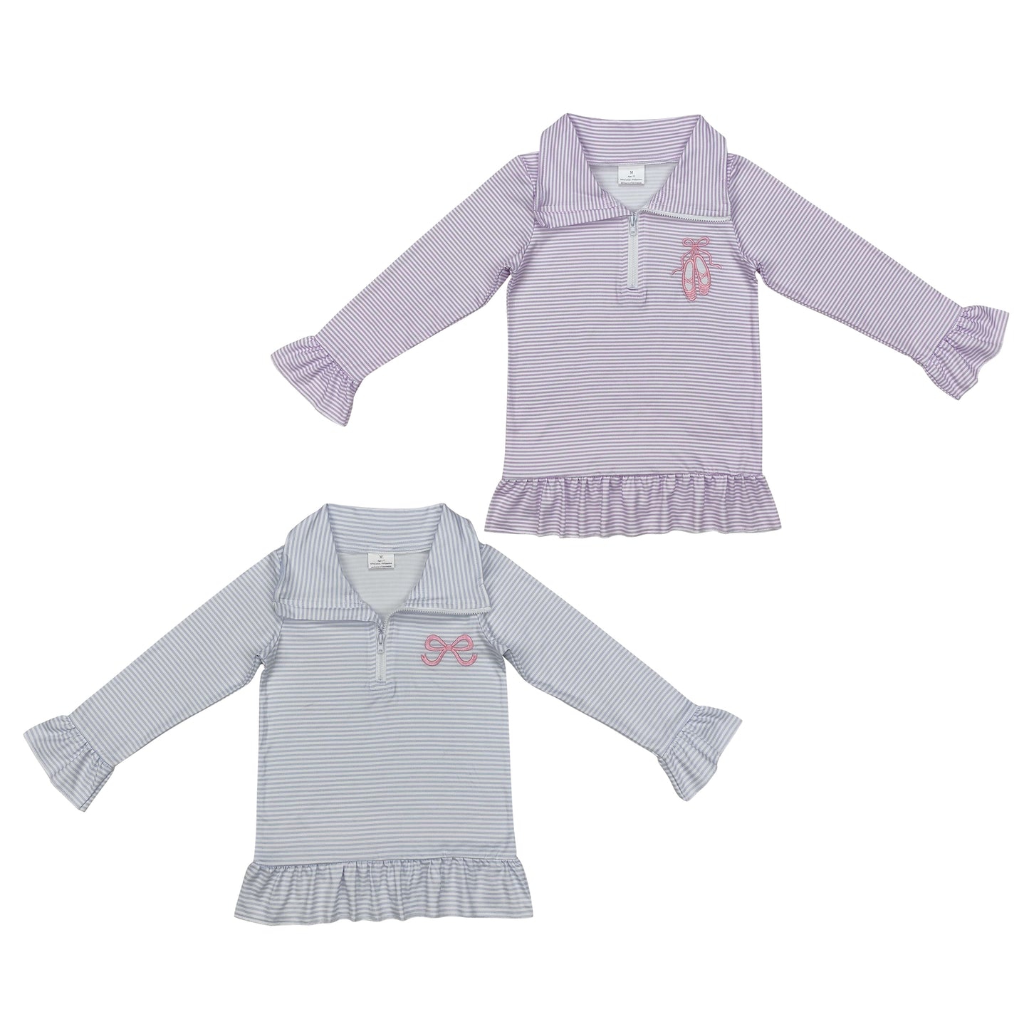 Sibling Baby Girls Stripe Long Ruffle Sleeves Embroidery Bows Shoes Zipper Pullover Top