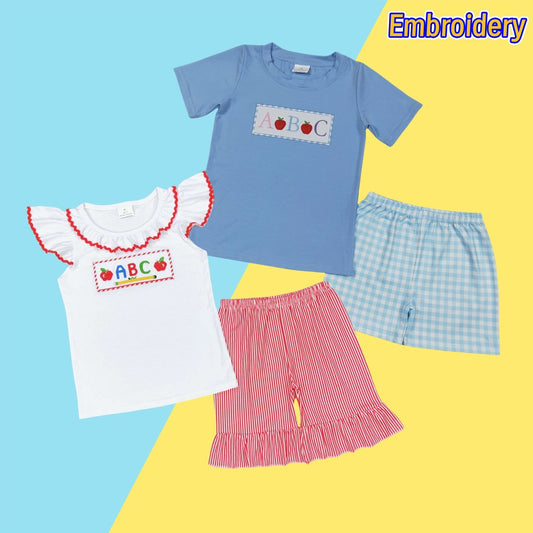 Sibling Kids  Back to School Embroidery ABC Apple Shorts Set