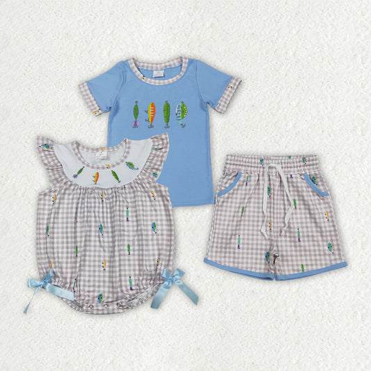 Easter Sibling Baby Girls   Embroidery Fishing Shorts Set and Bubble Romper