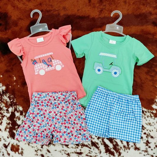 Baby Girls Sibling Embroidery Golf Car Summer Shorts Outfit Kids Clothes