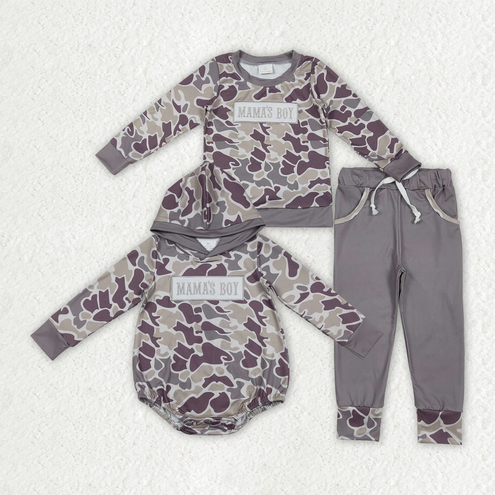 Mama's Boy Embroidery Hunting Camo Jogger Set and Romper For Sibling Boys