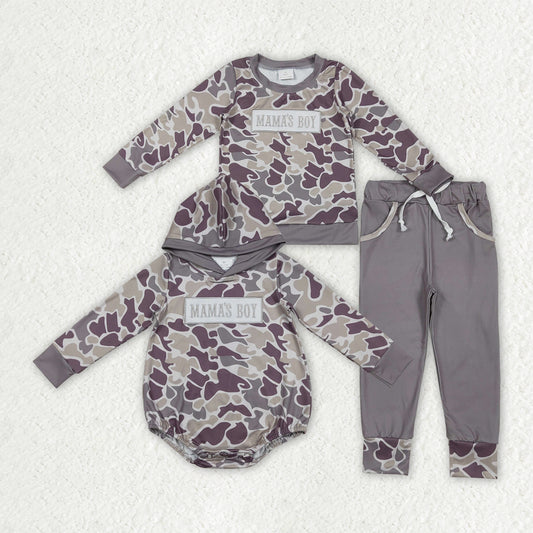 Mama's Boy Embroidery Hunting Camo Jogger Set and Romper For Sibling Boys