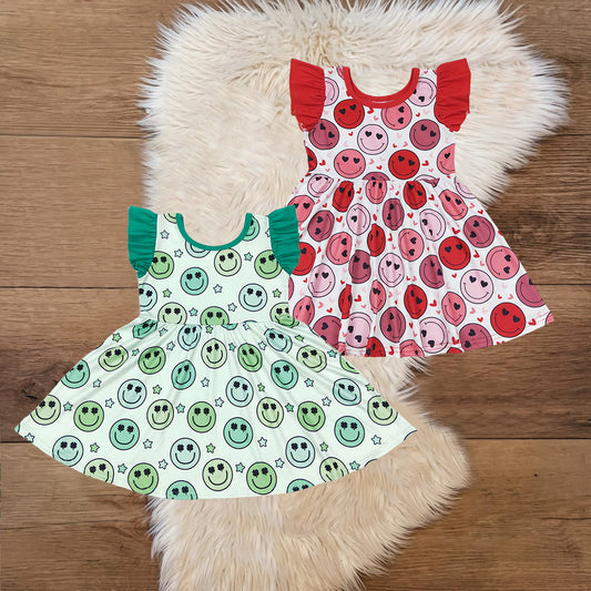 Baby Girls Summer Hapy Face Flutter Sleeve Ruffle Dress