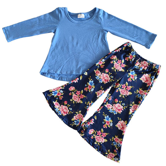 Promotion Blue Long Sleeve Tunic Top Floral Pants Set