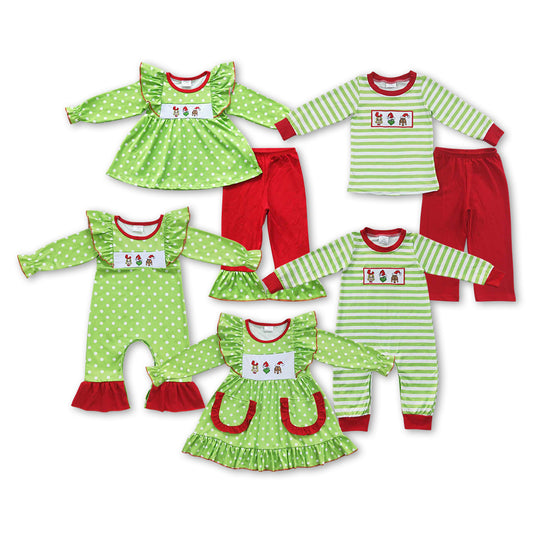 Baby Sibling Christmas Embroidery Green Face Friends Striped Outfit and Romper