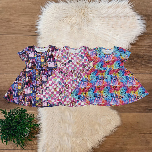 Sibling Baby Girls Cartoon Kpop Short Sleeve Twirl Dress