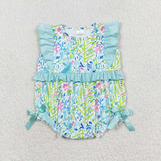 Baby Infant Girls Green Flowers Bows Summer Rompers