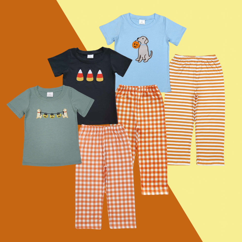 Sibling Toddler Boys Halloween Applique Pants Set Short Sleeve Top