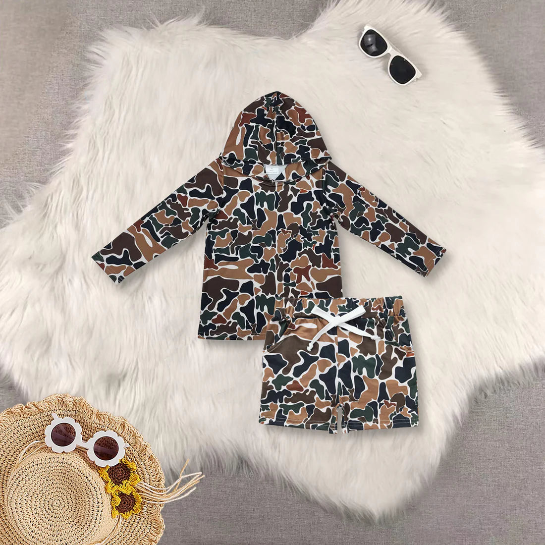 Kids Sibling Boys Camo Long Sleeve Hoodie Top With Shorts Set