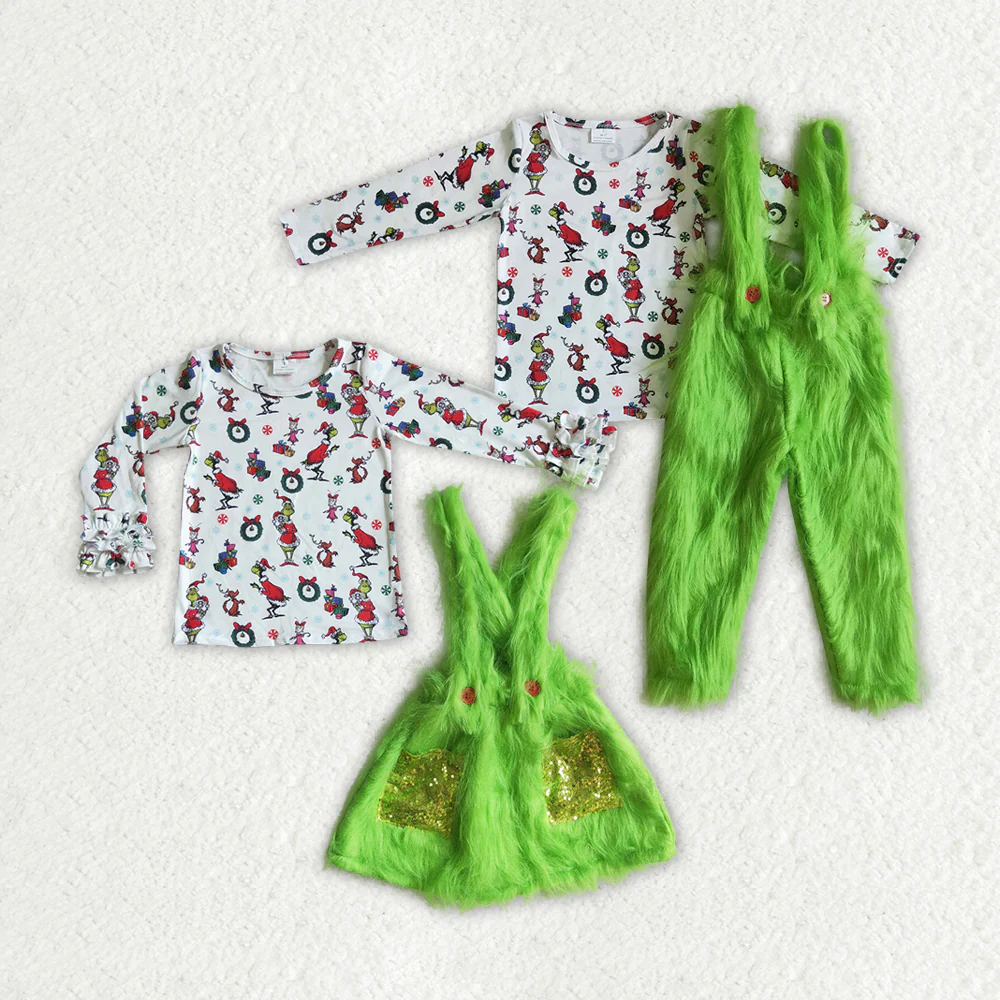 Sibling Baby Christmas Green Face Fur Design Susperder Outfits Clothes Sets