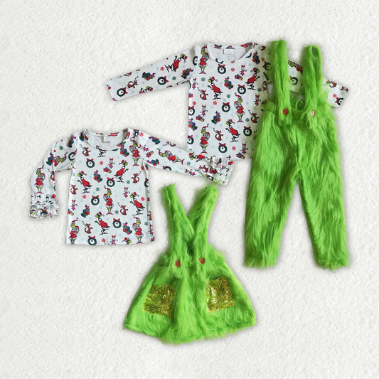 Sibling Baby Christmas Green Face Fur Design Susperder Outfits Clothes Sets