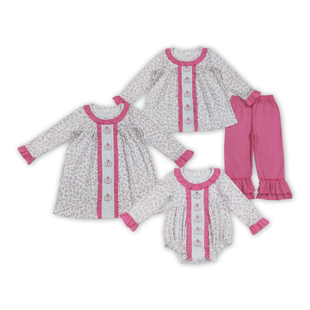 Sibling Embroidery Baby Girls Fall Leopard Pumpkins Tunic Pants Set Knee Length Dress Rompers