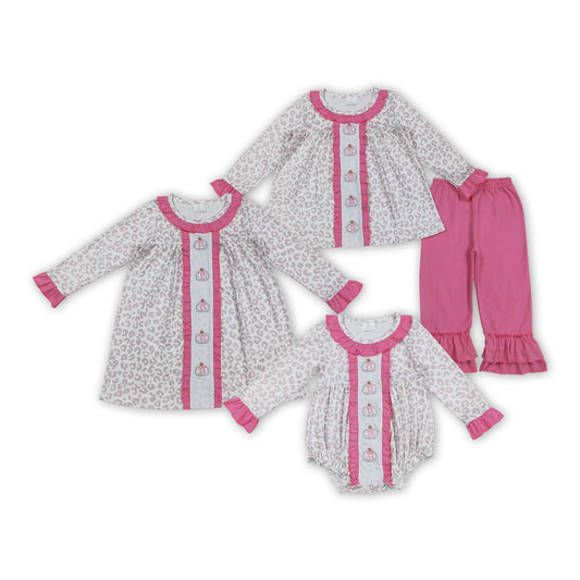 Sibling Embroidery Baby Girls Fall Leopard Pumpkins Tunic Pants Set Knee Length Dress Rompers