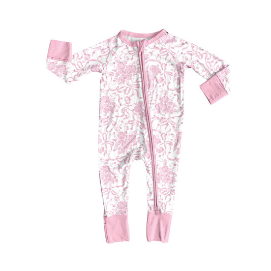 Preorder , 5 MOQ Baby Girls Pink Flowers Bow Print Long Sleeve Footed Romper