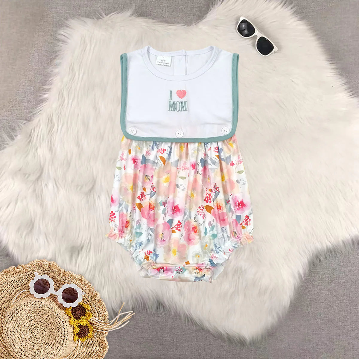 Embroidery I Love Mom Baby Girls Bubble Romper