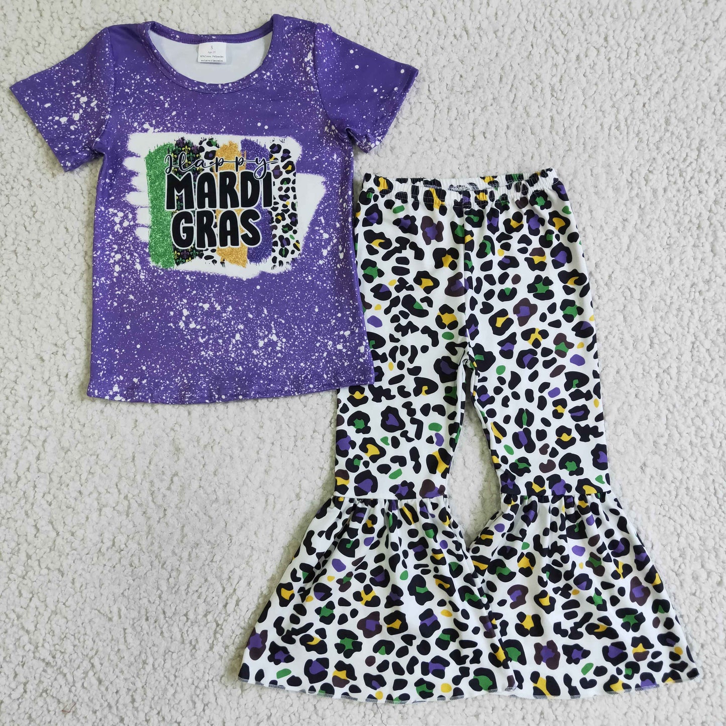 Baby Girls Purple Short Sleeves Top Leopard Bell Bottom Pant Mardi Gras Set