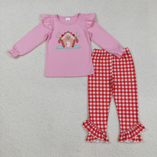 GLP2523 Baby Girls Pink Long Ruffle Sleeves Candy Cane Top Red Plaid Pockets Pant Set