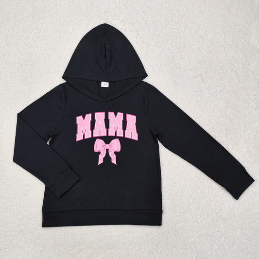 Adult Women Black Long Sleeves Pink Bow Mama Hoodie Top