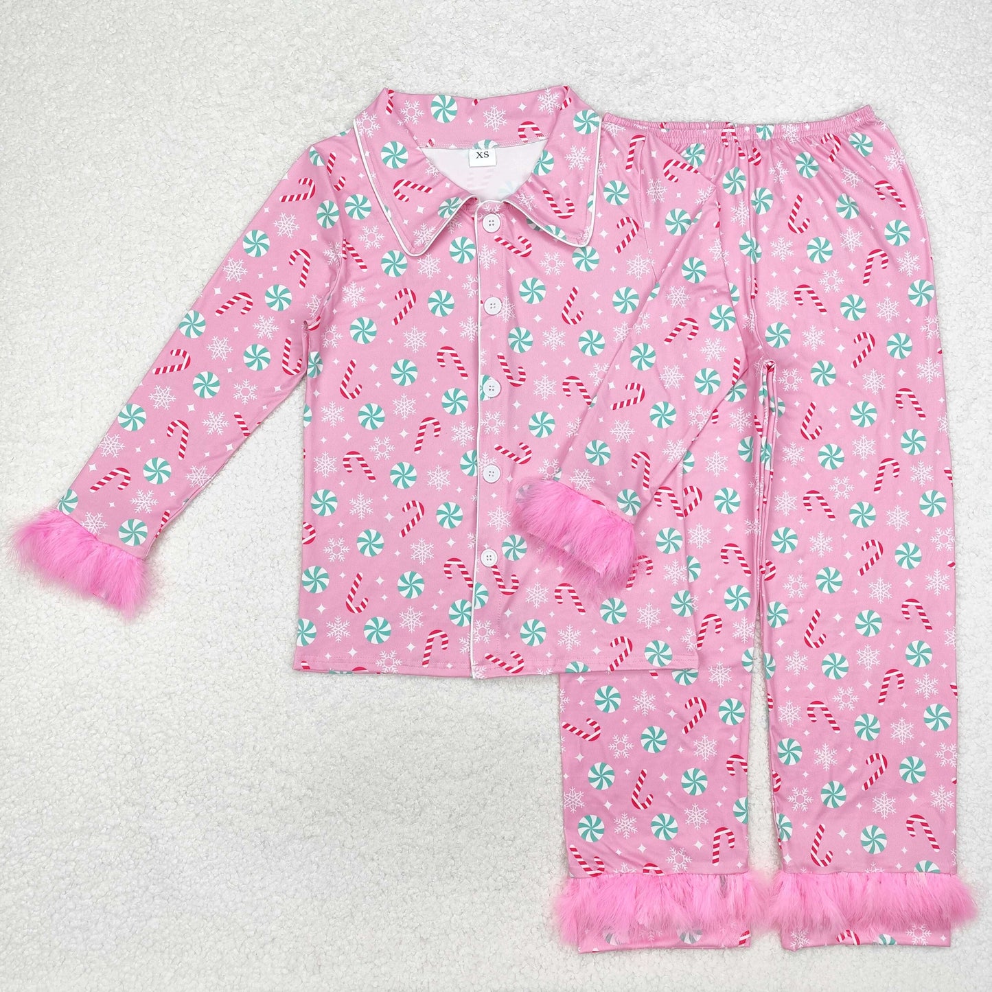 Adult Size Women Christmas Candy Cane Button Up Pajama Set With Fur