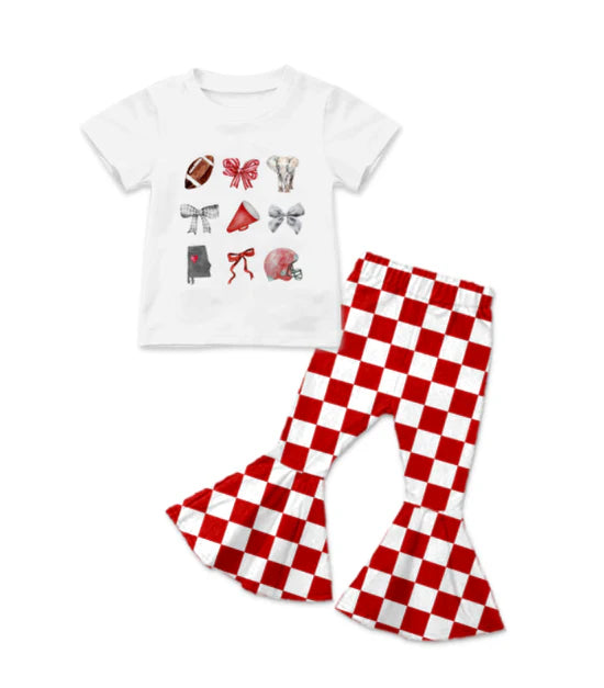 Preorder 5 MOQ Baby Girls Football Team Alabama Red Checked Bell Bottom Pants Outfit