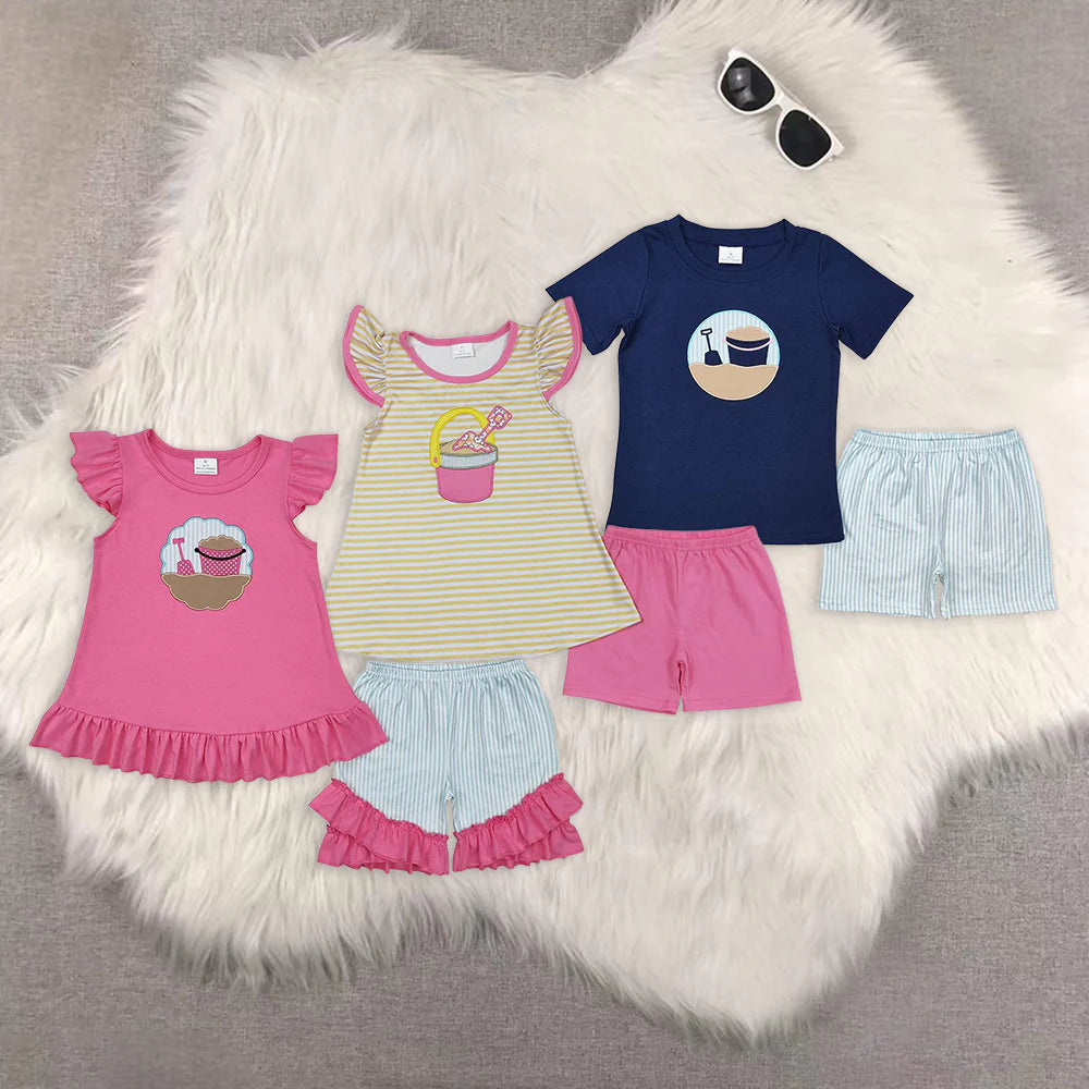 Toddler Summer Sibling Embroidery Beach Shorts Set