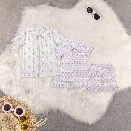 Mommy and Me Pink Bow Shorts Pajama Set