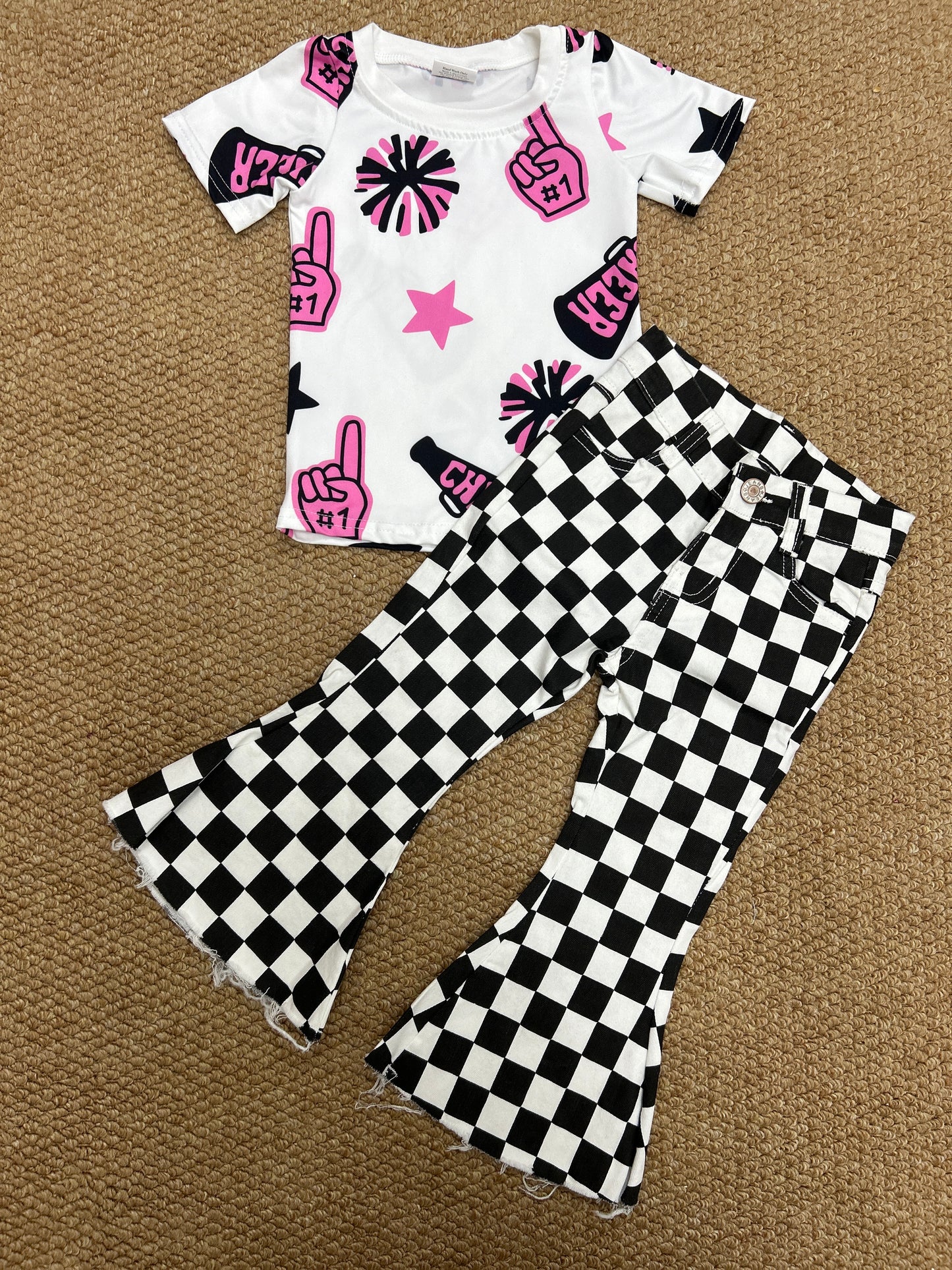 Baby Girls  Sport Cheer Top With Black Checkec Jeans set