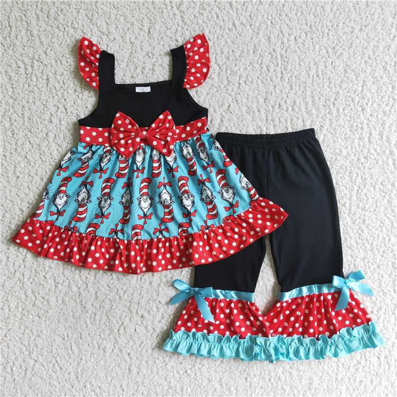 Baby Girls Red Flutter Sleeves Dr Reading Tunic Ruffle Pant Set