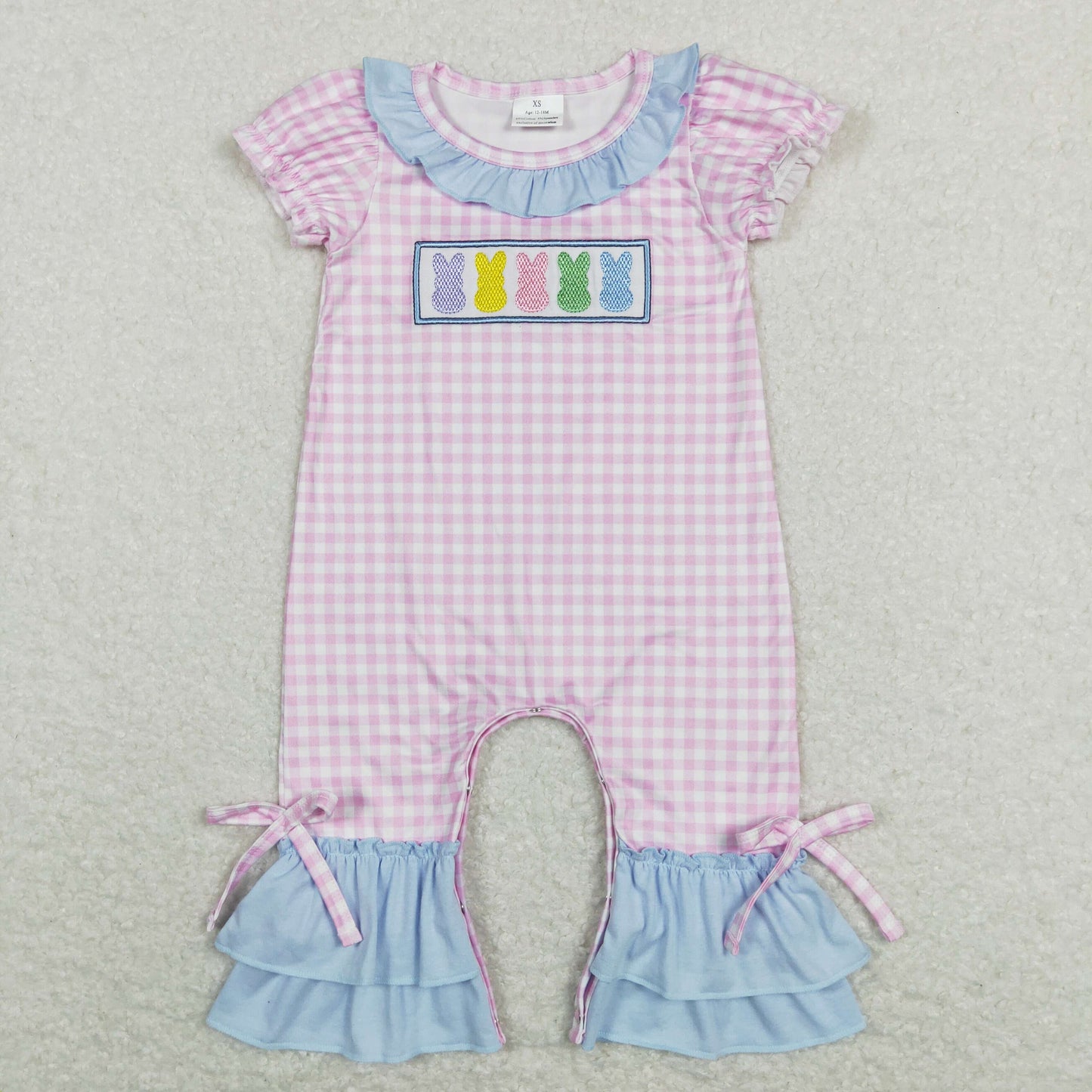 Baby Girls Pink Plaid Short Ruffle Sleeves Embroidery Bunny Easter Rompers