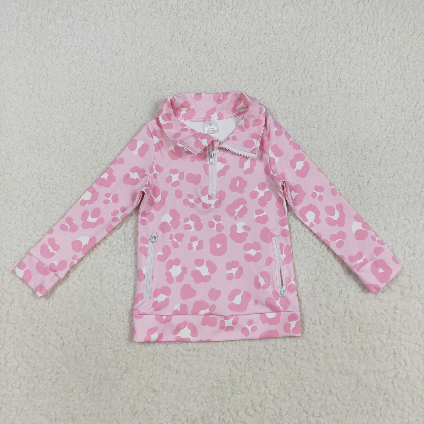 Kids Girls Pink Leopard Half Zip Yoga Pullover Top With Pocket